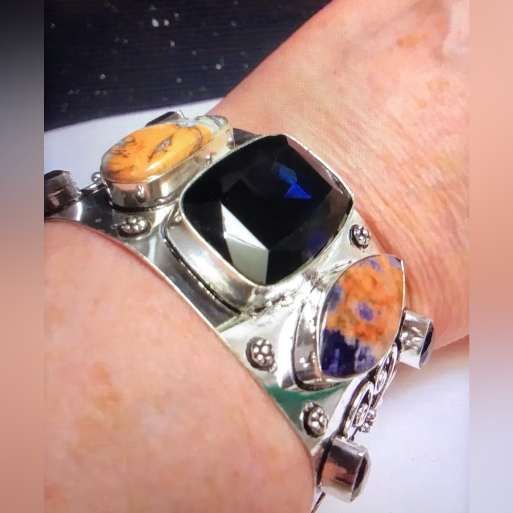 Blue Sapphire Sodalite Tanzanite Stamped 925 Sterling Silver Cuff Bracelet